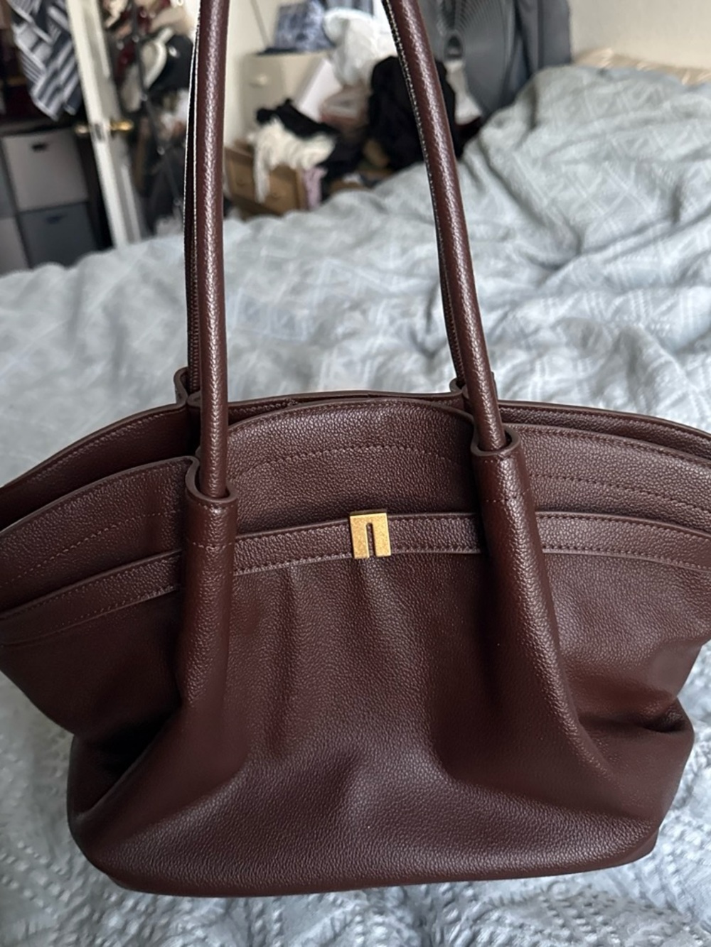 JW PEI Dark Brown Pebbled Shoulder Bag with Gold Accent